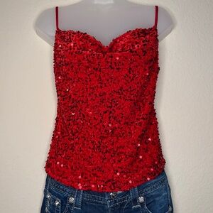 Express Red Velvet Sequins Halter Top Size XS Christmas Party Holiday Tank Y2K